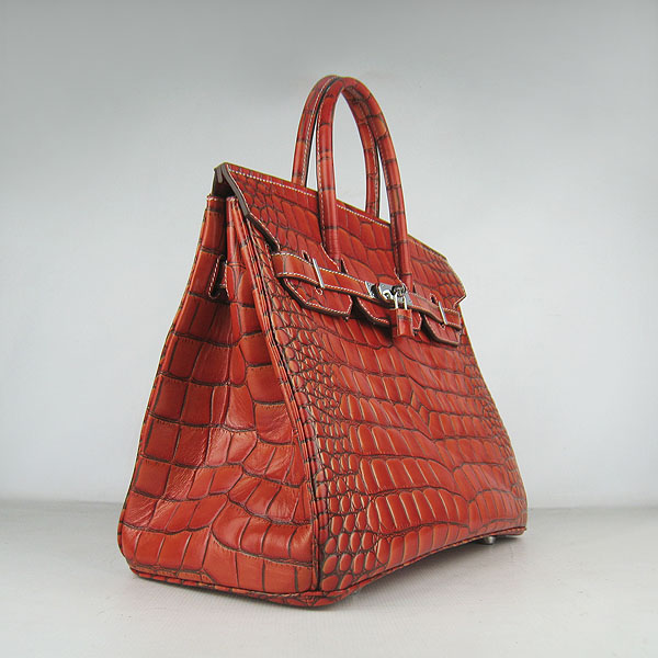 High Quality Fake Hermes Birkin 35CM Crocodile Veins Leather Bag Dark Orange 6089